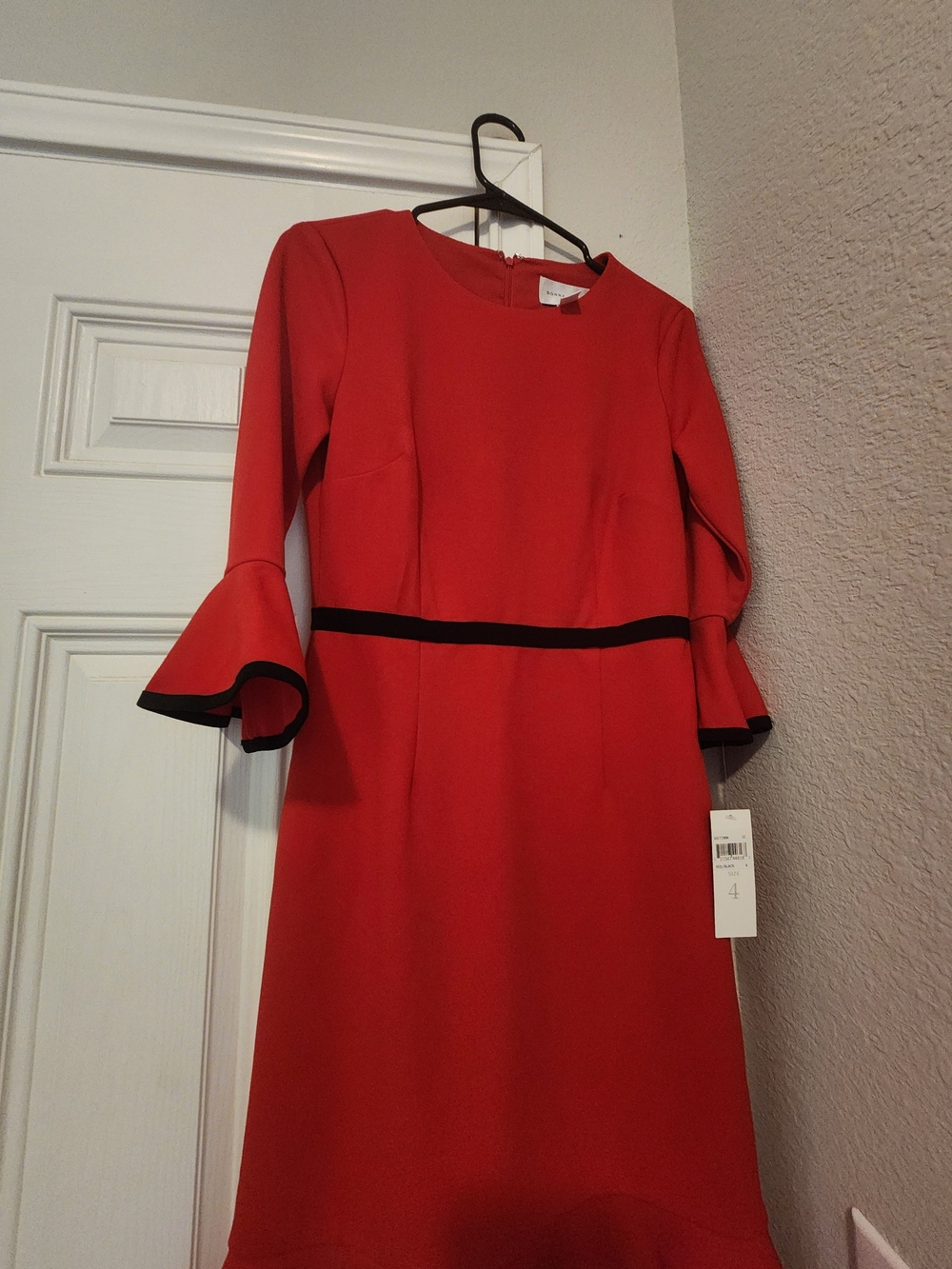 Red Bell-Sleeve Shift Dress with Black Trim